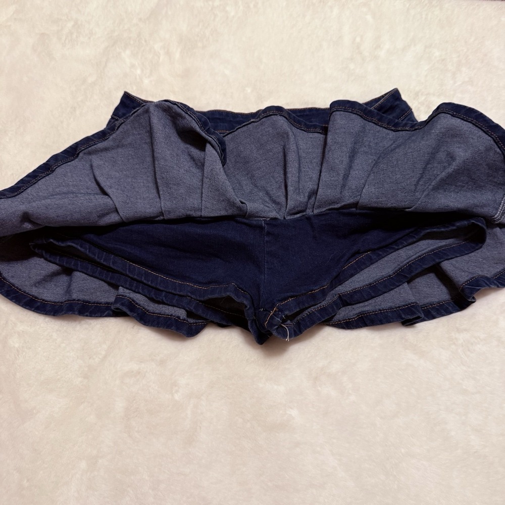Blue Denim Mini Skirt with Ruffled Hem and Built-In Shorts Size Medium - Picture 3 of 7